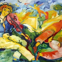 Paesaggio con figure e violino 1983